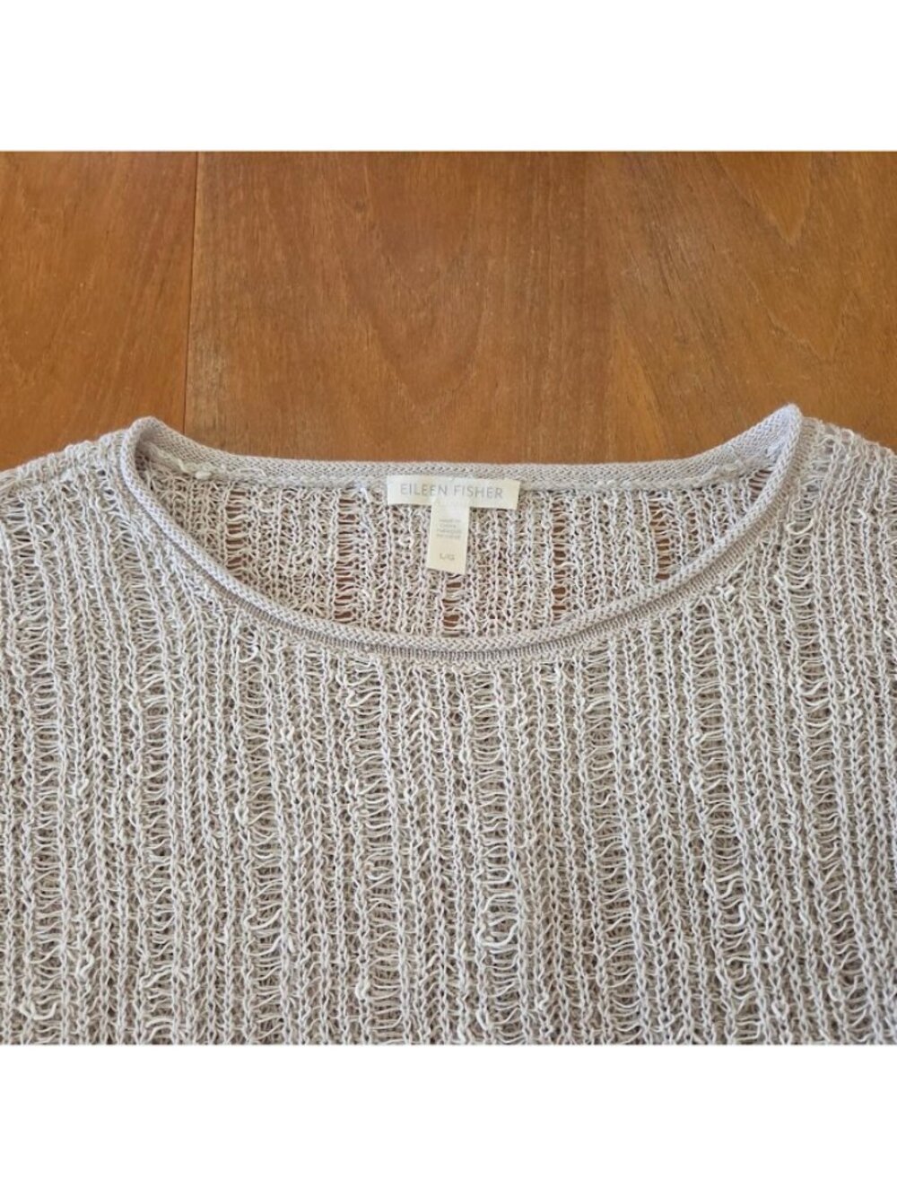 Eileen Fisher Organic Melange Linen Grain Pullover Open Knit Tan L - Picture 3 of 12